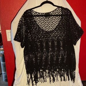 Black Crochet Fringe Tunic Top Goth